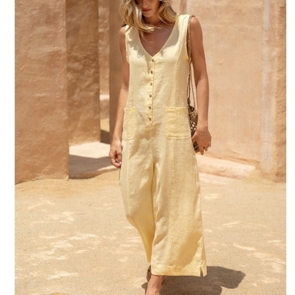 NWOT Nomad The Label Florentina 100% Linen Jumpsuit Butter Yellow Wide Leg M